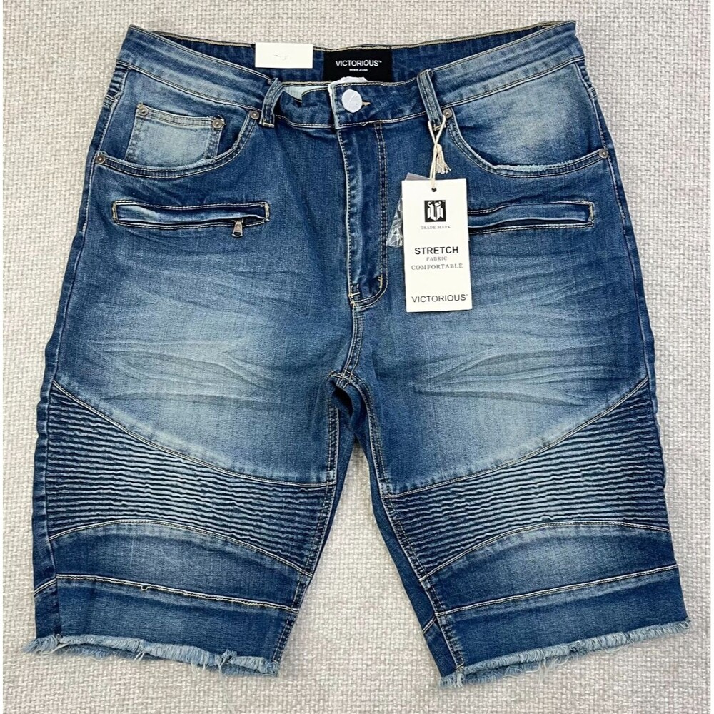 NEW Victorious Denim Jean Shorts Mens 36 Stretch Moto Blue Skater Hip Hop Grunge